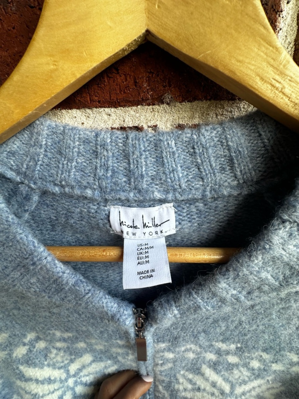 NIC+ZOE Light Blue Wool Zip Sweater with Nordic Motif - Picture 3 of 3